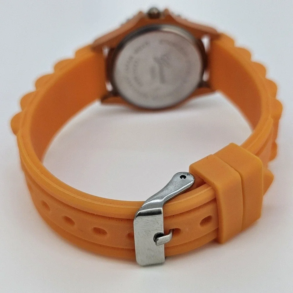 30MM Watch Women Orange Dial Crystal Bezel‎ Orange Plastic Bands New Battery